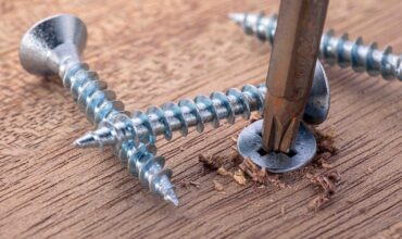 Screwdriver screw in a wood oaks plank. Self-tapping screw for PZ3 bit. Screws macro photo. Construction abstraction. Industrial background.